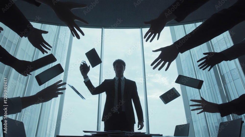 Poster businessman surrounded by reaching hands and flying devices, symbolizing multitasking and stress in 