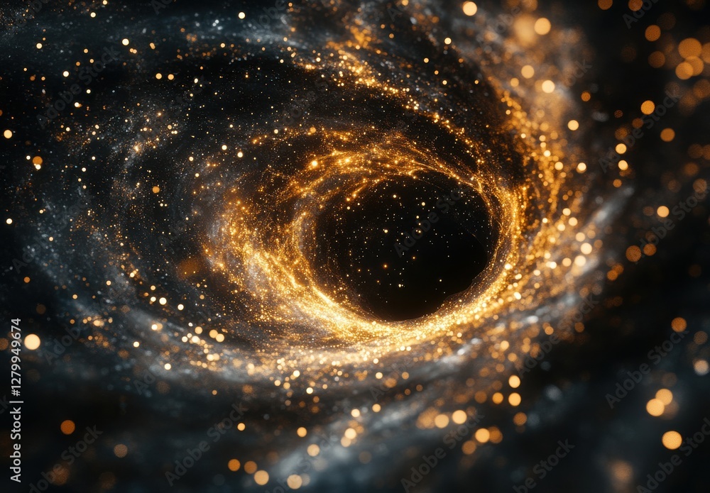 Poster stunning cosmic vortex with golden stars and sparkling particles in deep space, abstract art represe