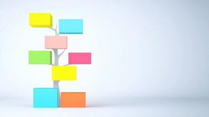 A colorful abstract representation of a tree with blank labels for notes or ideas, set against a minimalist background.