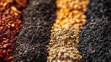 Various types of teas are displayed in a close up view