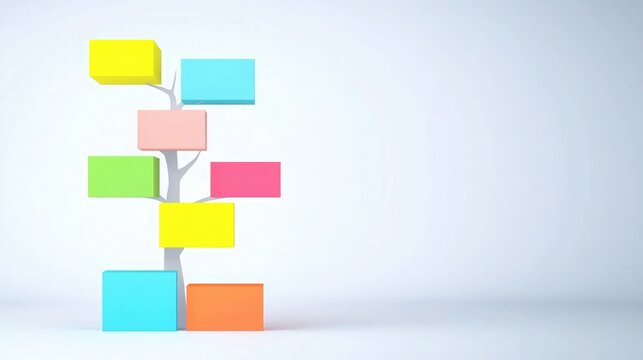 A colorful abstract representation of a tree with blank labels for notes or ideas, set against a minimalist background.