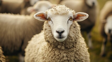 Obraz premium Close Up Portrait of a Fluffy White Sheep in a Flock
