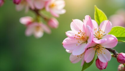 Soft focus of delicate pastel-colored petals of spring blossoms against green leaves, soft focus, petals, pastel