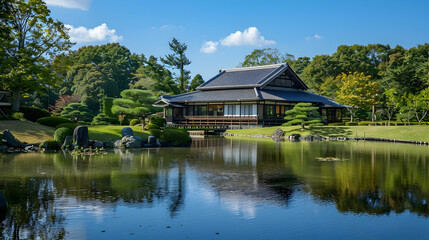 Tranquil Japanese Garden Scenery Reflecting a Traditional House on Calm Pond