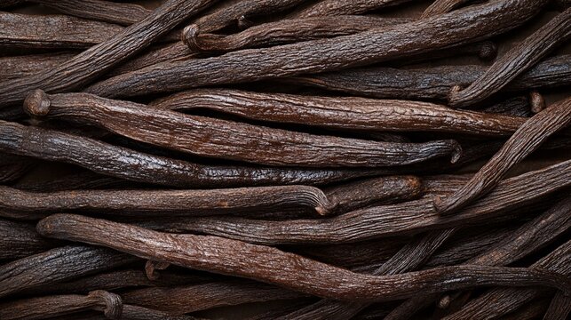 An overhead close up shot of vanilla beans on display