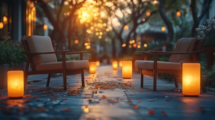 Evening chairs path lit lanterns trees