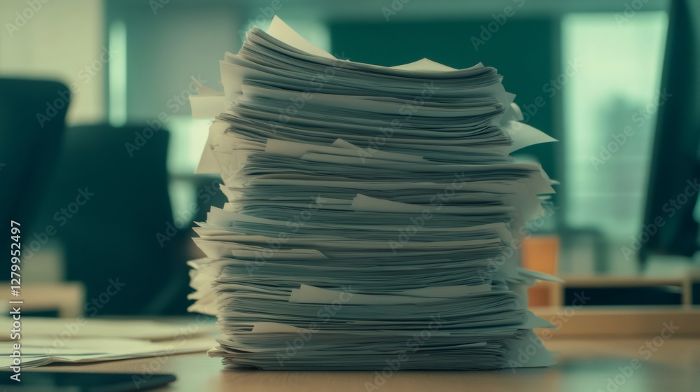 Aufkleber Large stack of papers on a desk symbolizing multitasking and time management challenges. Represents chaos and stress in a busy workplace with looming deadlines and organizational issues