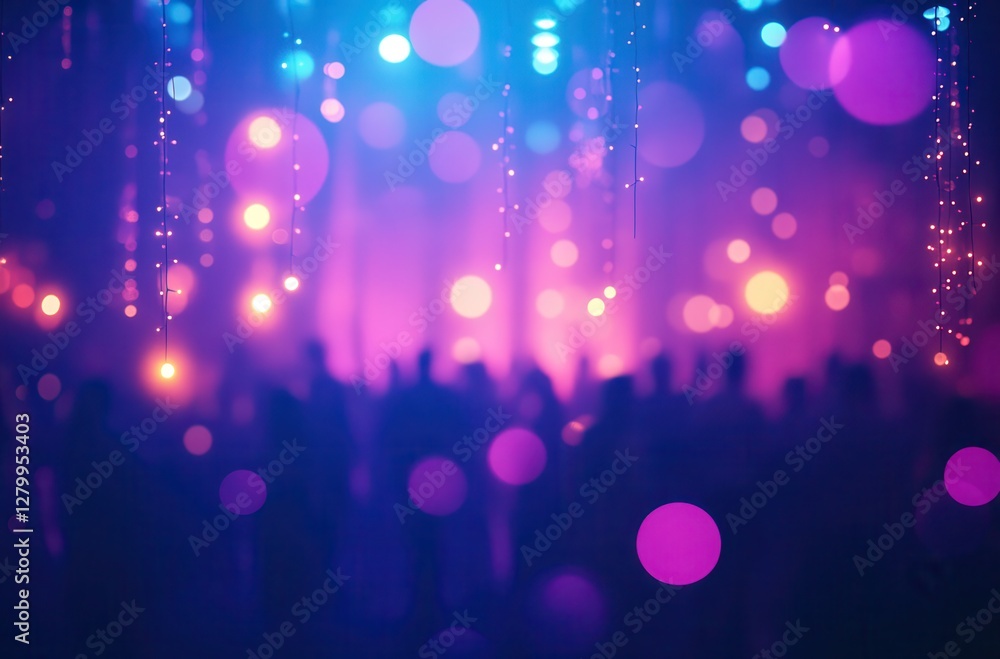 Poster vibrant abstract background with colorful bokeh lights and silhouetted figures at a festive event or