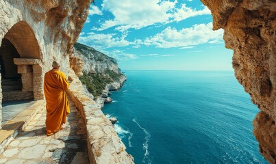 dramatic cliffside monastery where monks meditate under the open sky, overlooking a vast ocean, Generative AI