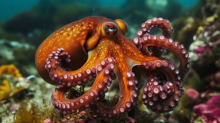 Orange And Pink Octopus Underwater In Vibrant Ocean Habitat