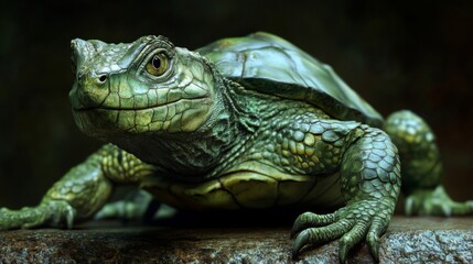 Obraz premium Closeup of a Green Scaled Turtle on Dark Background