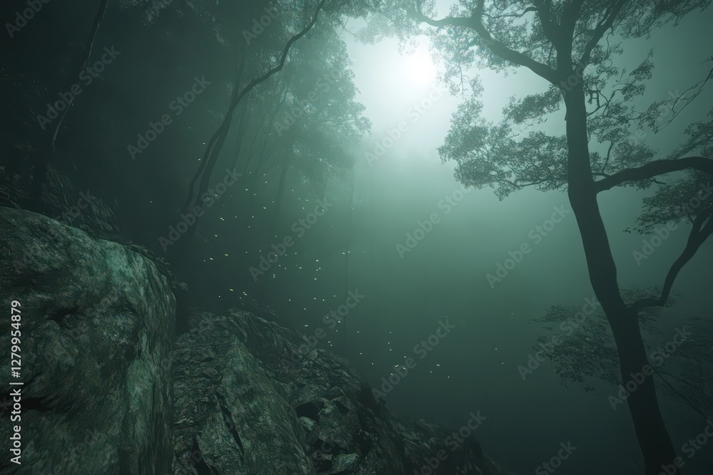 Poster ethereal forest with diffused light through tall trees in a foggy landscape