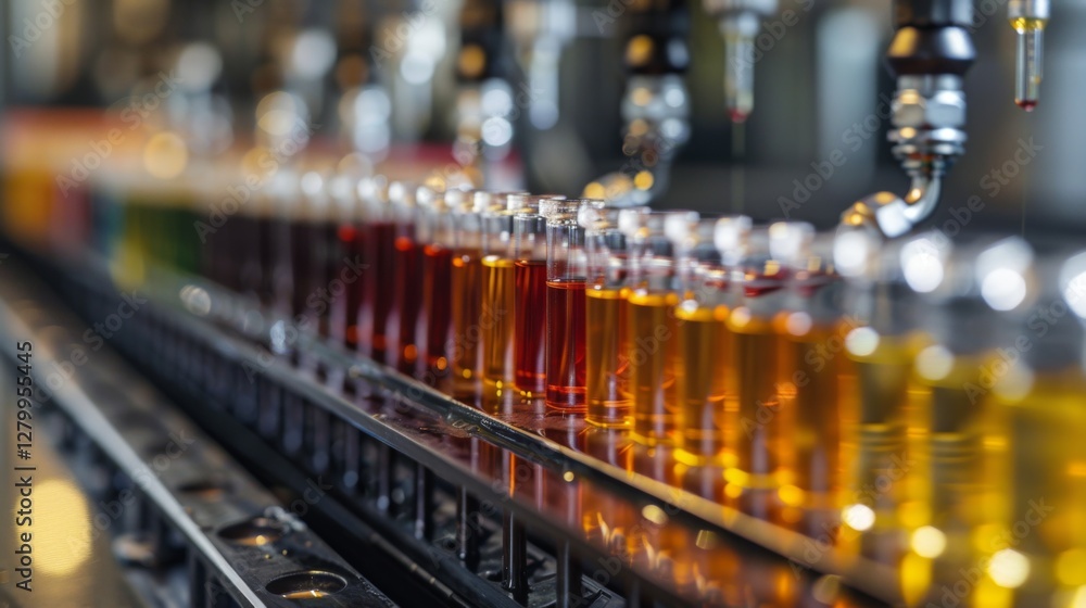 Poster rows of small glass containers filled with vibrant colored liquids are lined up as a machine dispens