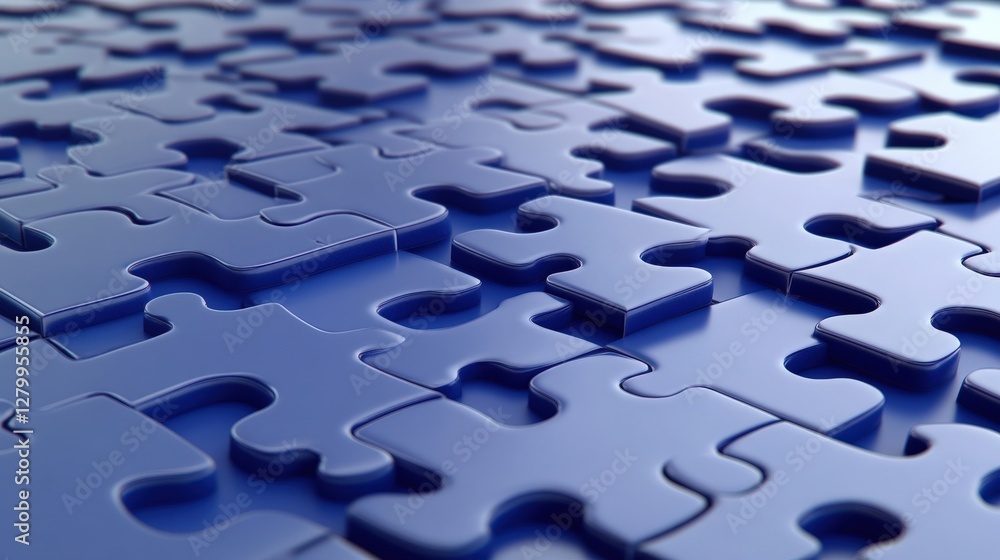 Poster close-up view of interlocking blue puzzle pieces on a flat surface, creating a seamless pattern