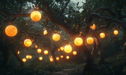 magical forest where trees have glowing fruits, and fantastical creatures peek from the shadows, Generative AI