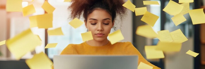 Young woman sits at a desk surrounded by floating sticky notes, symbolizing the chaos and pressure of multitasking and managing deadlines in a fast paced work environment