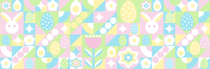 Easter pattern. Abstract geometric background in line and minimalist design. Eggs, spring flowers and decorations. For poster, postcard, scrapbooking, stickers. Vector.