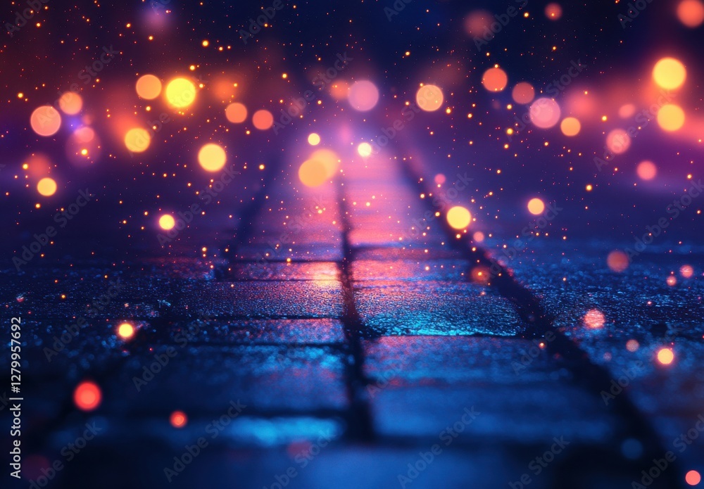 Aufkleber vibrant bokeh lights reflecting on wet pavement in a dreamy night scene with abstract colorful spark