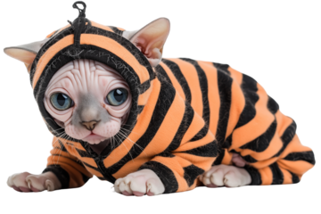 A hairless Sphynx cat with large blue eyes is dressed in an orange and black striped tiger costume, lying down and gazing curiously.