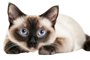 A beautiful Siamese cat with striking blue eyes and a sleek cream-and-brown coat lies down, gazing attentively.