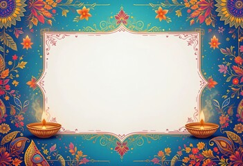 A vibrant Diwali greeting card featuring two glowing diyas, surrounded by intricate floral designs and a decorative border on a soothing blue background.