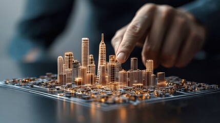 Advanced Architectural Holographic Blueprint of a Futuristic Digital City Skyline with Skyscrapers Minimalist Geometric Patterns and Gradient Lighting Effects