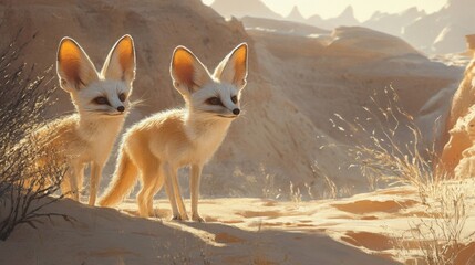 Fototapeta premium Two Fennec Foxes in a Desert Canyon at Sunrise