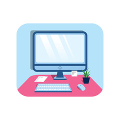 Computer Monitor Blank display screen with flower pot and paper sheet. Desktop, pc, flat vector illustration