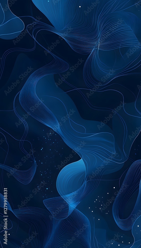 Poster blue abstract lines creating flowing shapes in dark space
