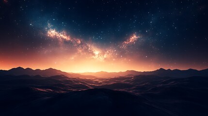 Alien planet sunset, starry sky, mountains