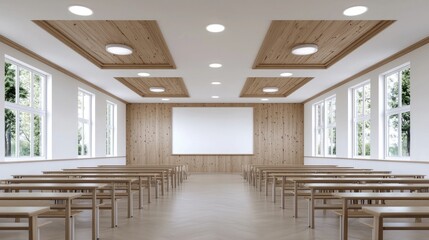 Empty modern classroom with wooden paneling and blank screen.  Possible use in education, design, or architecture