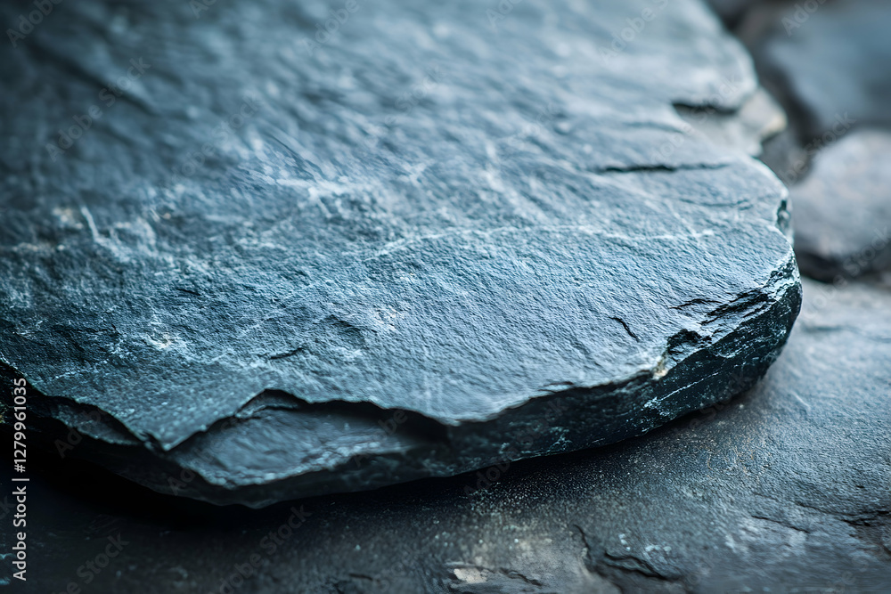 Poster detailed close-up of dark slate stone displaying unique texture and patterns, showcasing natural mat