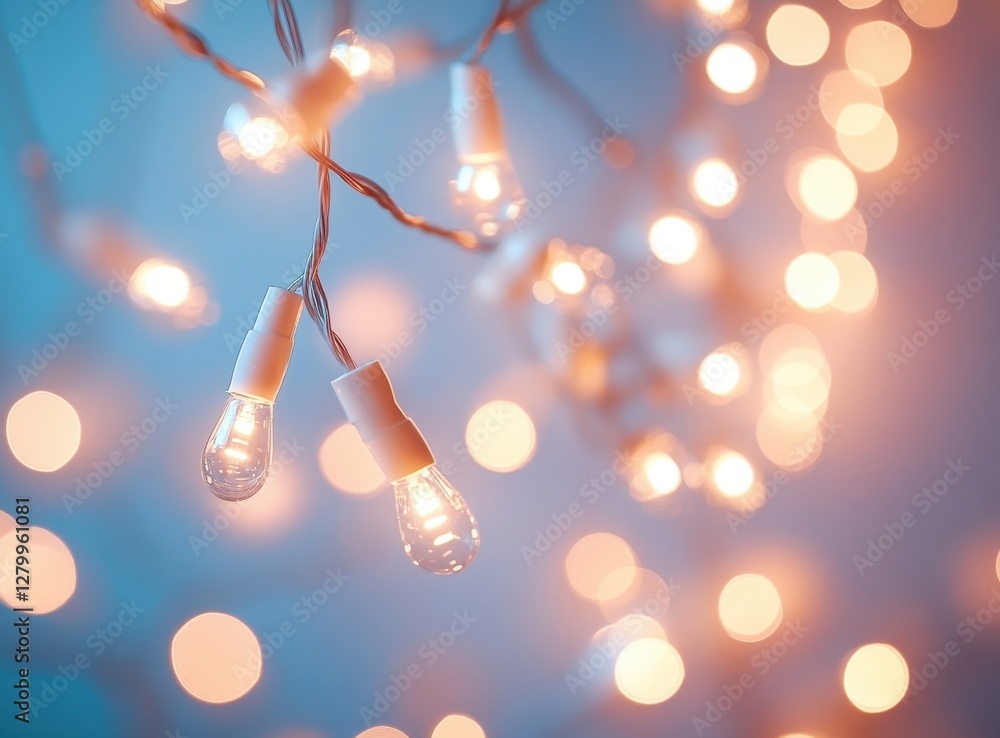 Poster warm glowing light bulbs on a string creating a cozy, dreamy background with a soft blue and orange 