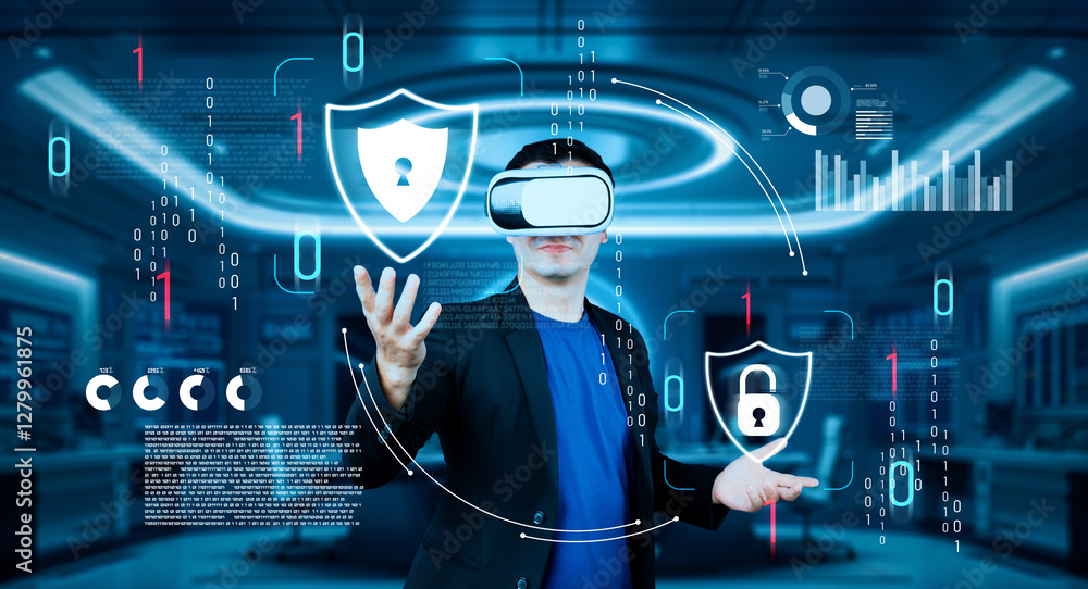Poster project manager holding security system hologram and standing at futuristic office with blue glowing