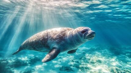Obraz premium Dugong in a Sunlit Coral Reef