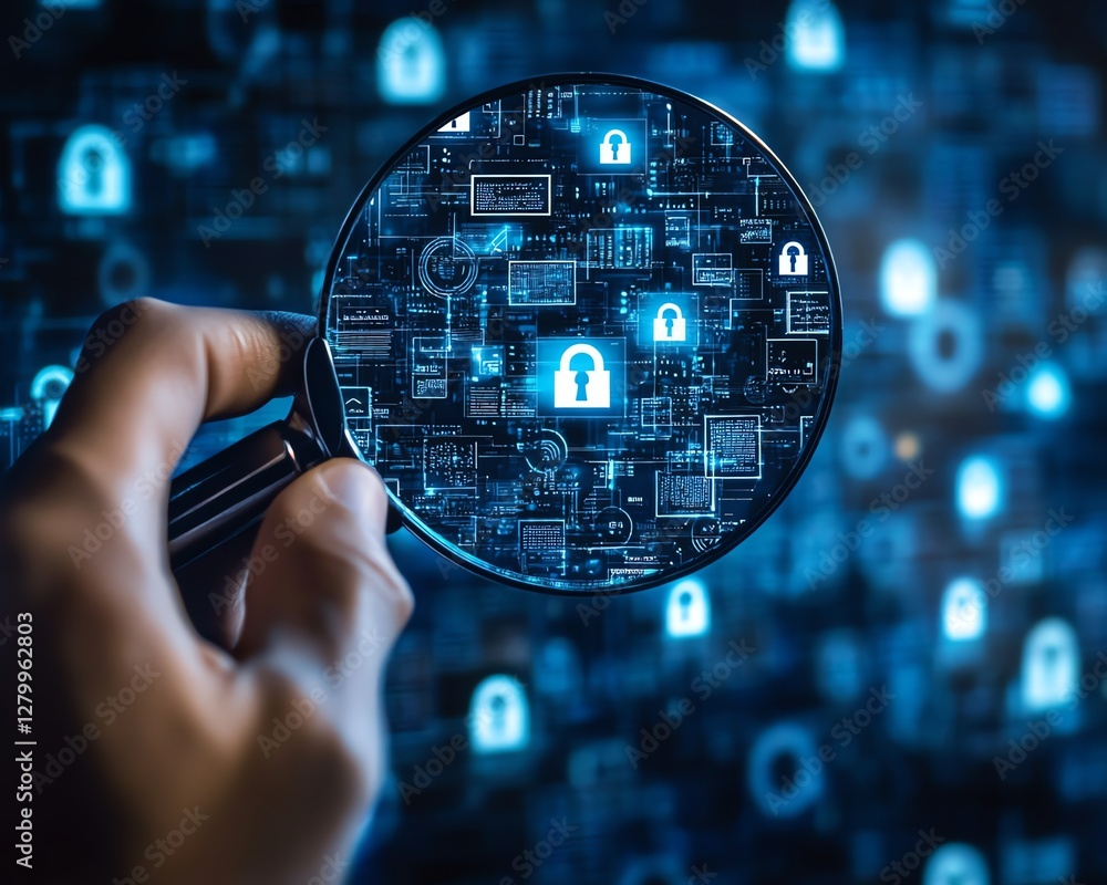 Leinwandbilder Information security technology concept, system engineer using a magnifying glass to examine padlock icons, securing computer and internet networks for business