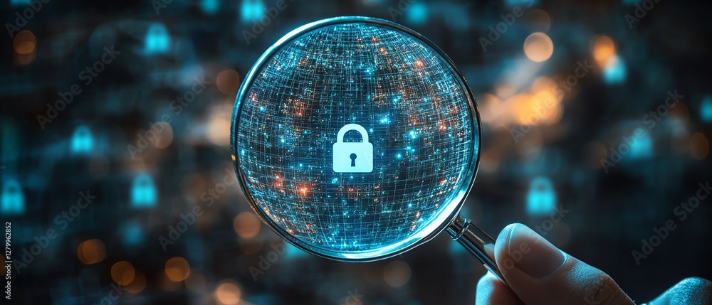 Poster information security technology in business, system engineer using magnifying glass to analyze padlo