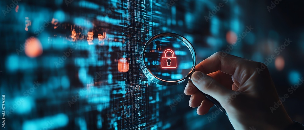 Poster Information security technology in business, system engineer using magnifying glass to analyze padlock icons, ensuring the security of computer and internet networks