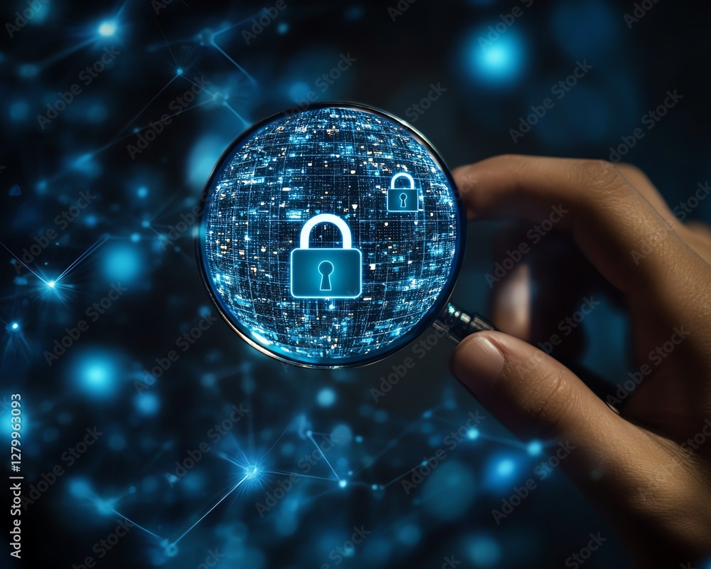 Poster Information security technology concept, system engineer using a magnifying glass to examine padlock icons, securing computer and internet networks for business