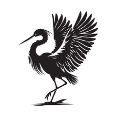 Egret Bird Silhouette Vector Illustration, Solid White Background.