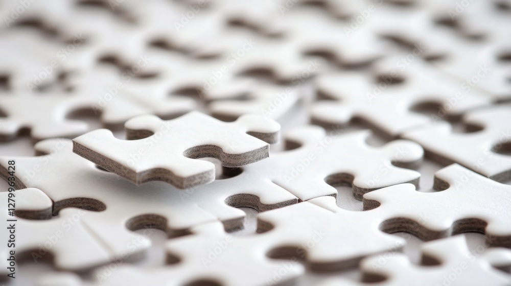 Poster close-up of a single white puzzle piece resting on a partially completed puzzle on a table