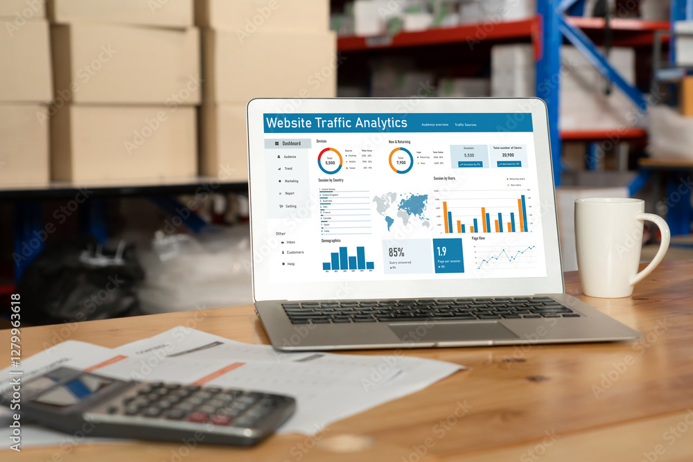 Poster computer software for website traffic analytics data on computer screen. concept of seo search engin