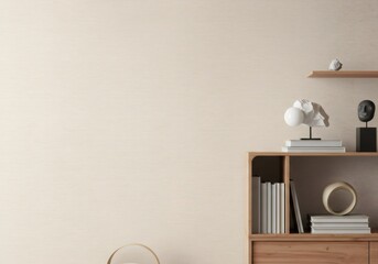 Neutral Beige Minimalist Home Decor with Wooden Shelf and Books