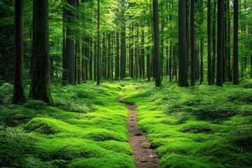 Obraz premium Serene path through lush green forest, moss covering the ground. Ideal for nature, tranquility, and environmental themes.