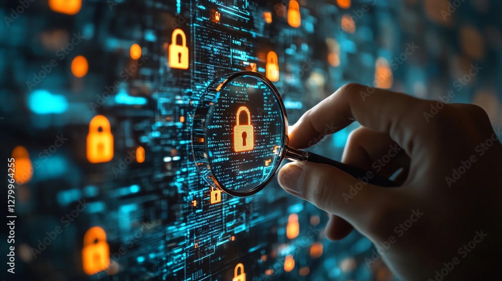 Aufkleber System engineer analyzing padlock icons with magnifying glass, illustrating information security technology for securing computer networks and business systems
