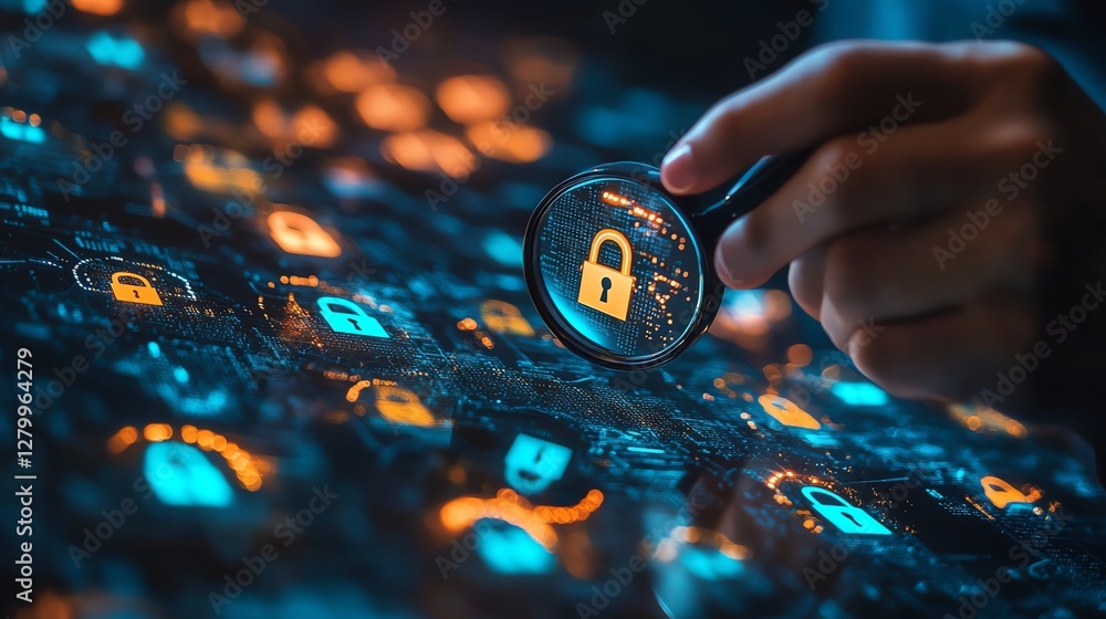 Poster System engineer analyzing padlock icons with magnifying glass, illustrating information security technology for securing computer networks and business systems