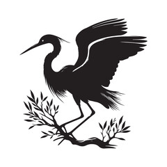 Egret Bird Silhouette Vector Illustration, Solid White Background.