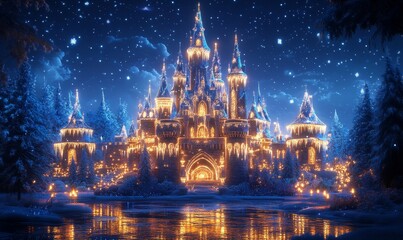 Obraz premium magical ice castle where glowing icicles hang from the turrets, and snowflakes twinkle under a starlit sky, Generative AI