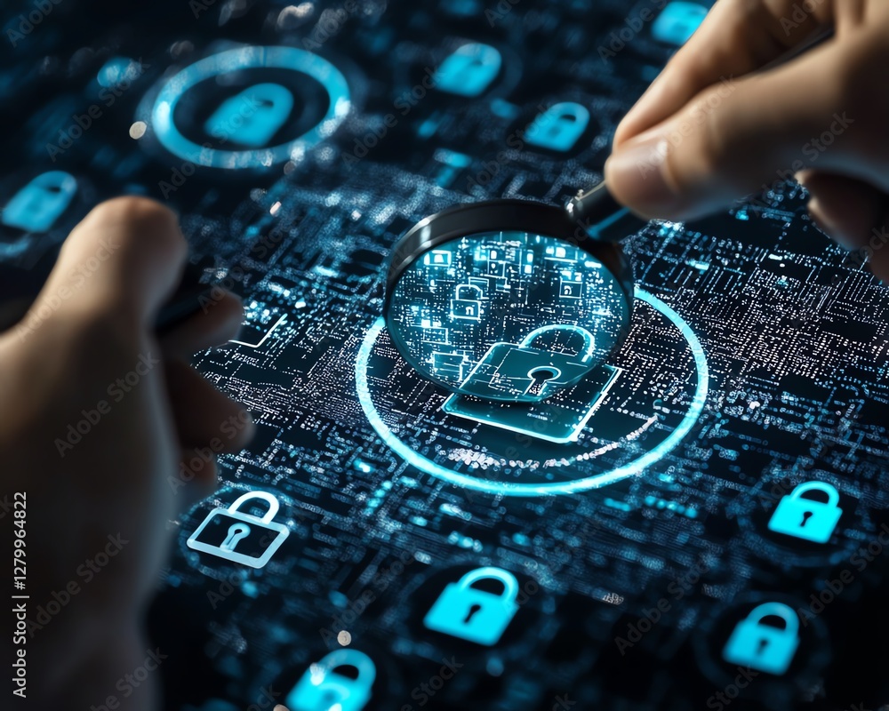 Poster business information security, system engineer analyzing padlock icons with magnifying glass, securi