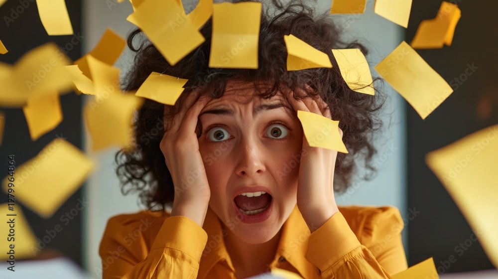 Poster stressed office worker surrounded by flying sticky notes, symbolizing chaos and pressure from multit